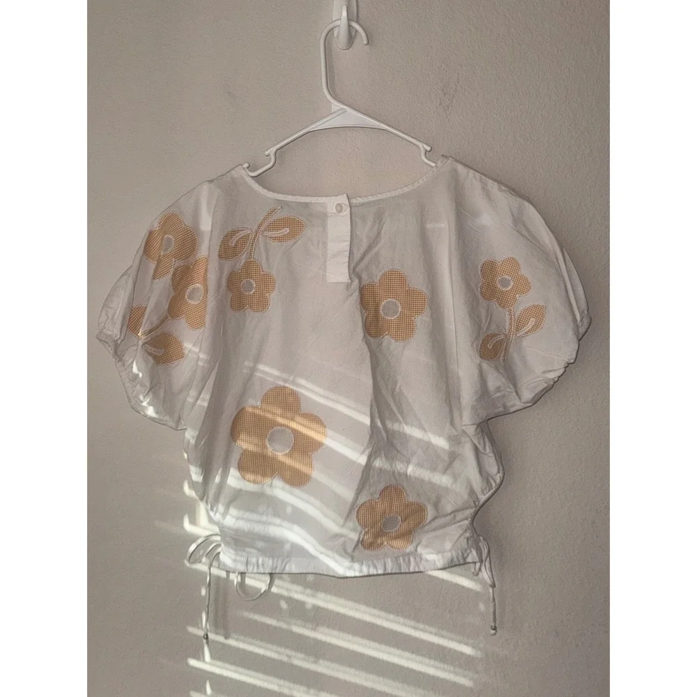 Madewell Gingham Floral Applique Puff Sleeve Drawstring Top White Yellow NL011 M